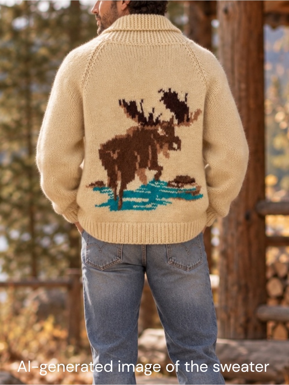 🫎 Vtg Hand Knit Chunky Moose Cardigan Sweater Mens 2XL Shawl Collar Oversized